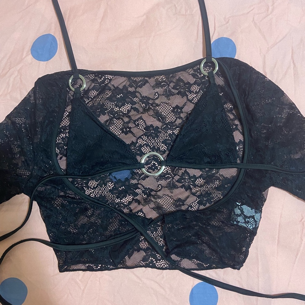 Two Piece Bikini with Black Lace Crop Top